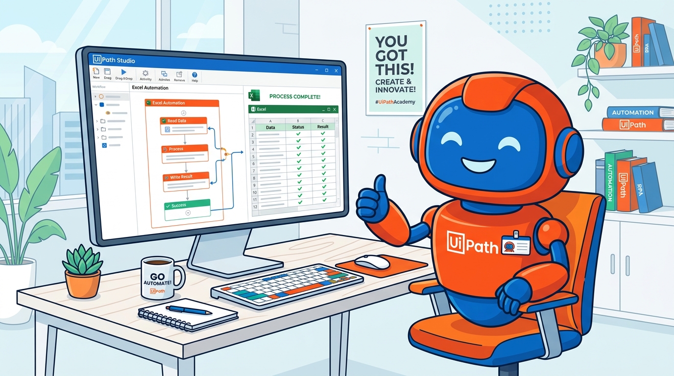 UiPath software robot mascot running an Excel automation on Studio and giving a thumbs up